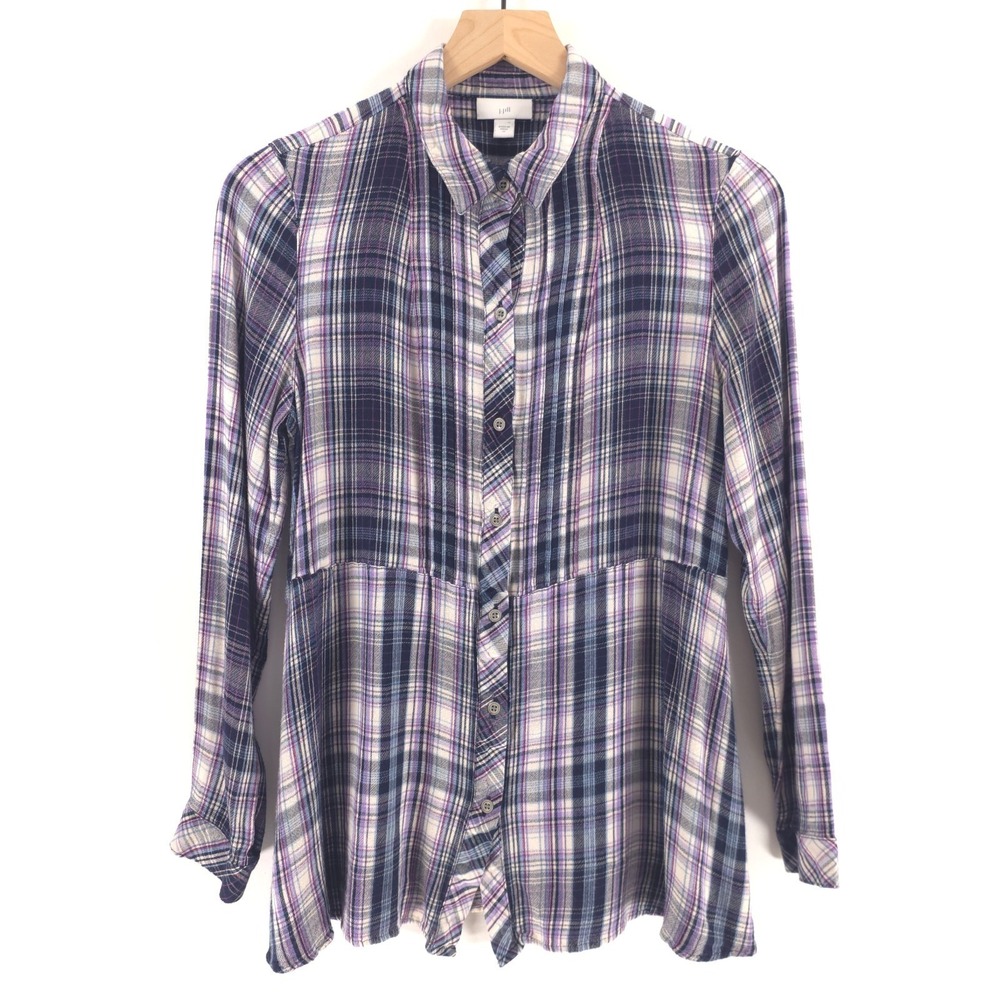 J. Jill Womens Button Down Shirt Size Medium Purple Plaid Viscose Rayon Blouse
